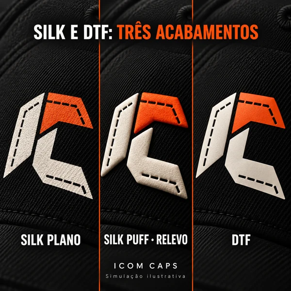 Comparação de silk plano, silk puff em relevo e DTF
