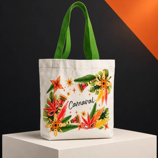 Ecobag clara com estampa de Carnaval e alças verdes
