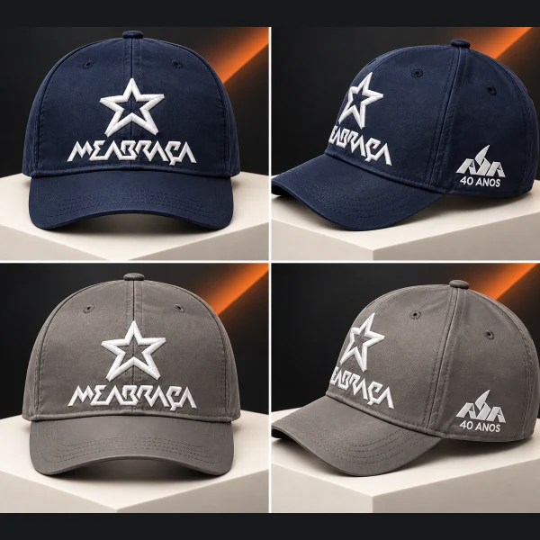 Bonés azul-marinho e cinza com bordados personalizados