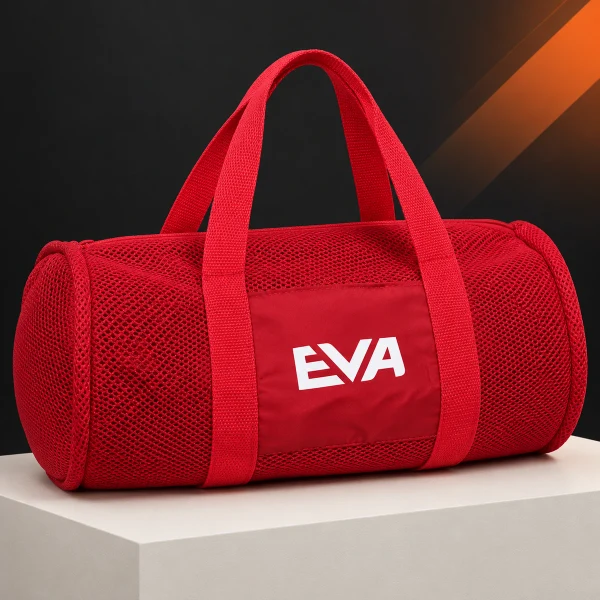 Bolsa cilíndrica vermelha de tela com alças e personalização frontal
