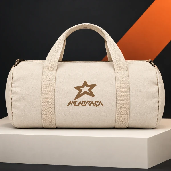 Bolsa cilíndrica de lona natural com alças e estampa marrom