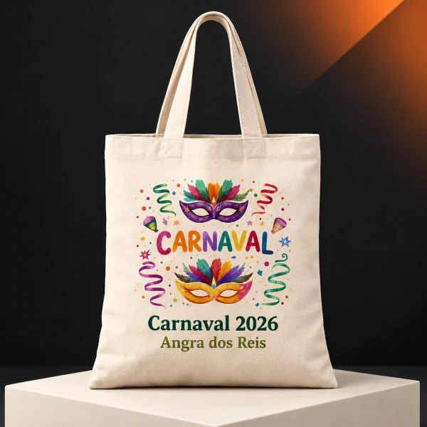 Ecobag clara com máscaras e estampa de Carnaval